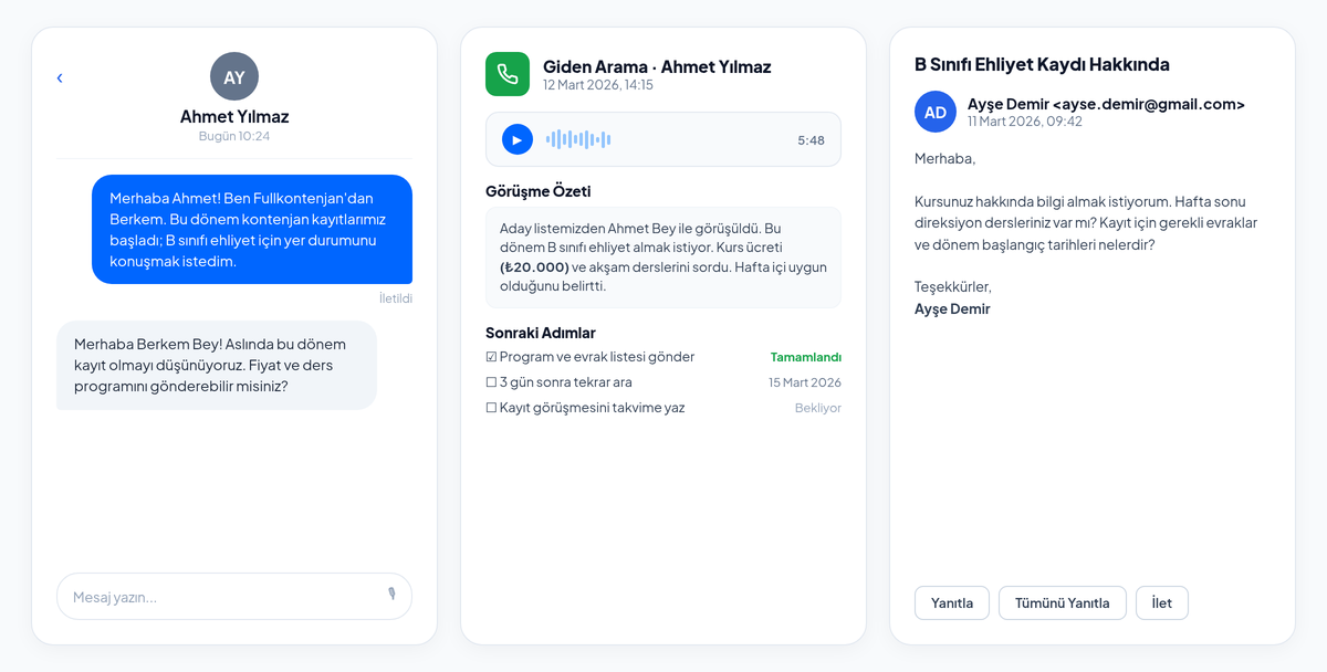 SMS, çağrı ve e-posta karşılama ekranları